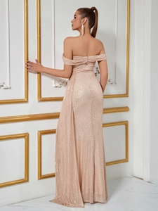 Rose gold sequin off-shoulder evening dress with a high slit and backless design