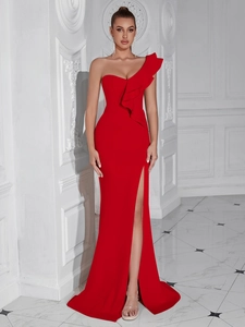 Elegant red one-shoulder evening dress with ruffle details and high side slit
