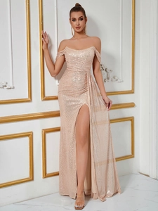 Sparkling champagne sequin strapless maxi dress with a thigh-high slit for evening parties