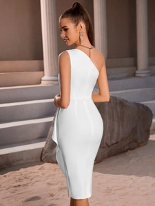 Elegant one-shoulder white bodycon pencil dress with a slim fit and midi length cut