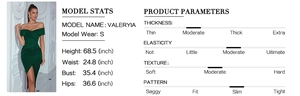 Guide des tailles détaillé et fiche matière pour la robe de soirée vert foncé à épaules nues