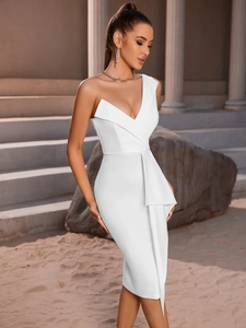 Elegant white one-shoulder bodycon cocktail dress with side draped detail and slim fit