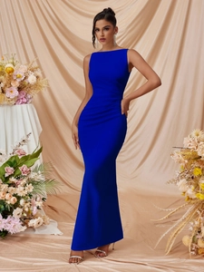 Detail of royal blue sleeveless bodycon dress with side ruching and fishtail hem