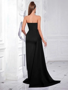 Elegant strapless black mermaid evening gown with slit and diamond accents