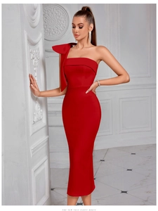 Detail of the large shoulder bow on this elegant red bodycon evening party dress