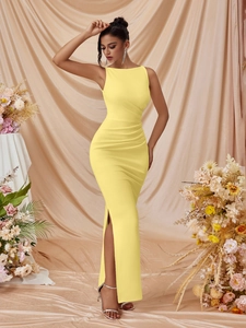 Women's Sleeveless Sexy Ruched High Slit Slim Fit Elegant Maxi Dress Solid Color Polyester Spandex Evening Party Prom Gown