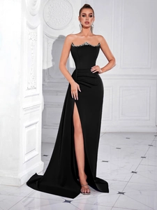 Elegant strapless black evening dress with rhinestone neckline and high slit design