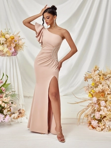 Elegant one shoulder pink evening gown with ruffle floral detail and high side slit