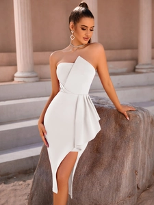 Elegant white strapless midi dress featuring asymmetrical ruffle waist and high slit detail