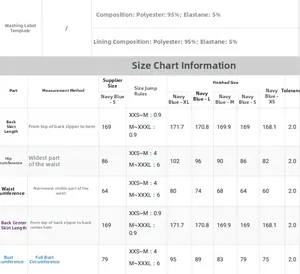 Tableau des tailles détaillé pour la robe fendue avec mesures allant du XS au XL