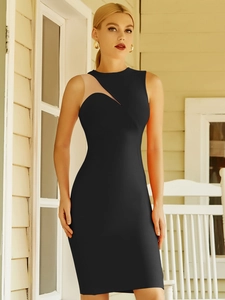 Elegant black sleeveless bandage dress with mesh panel detail and asymmetrical neckline