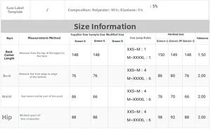 Detailed size chart for strapless sequin evening gown showing length, chest, and hip measurements