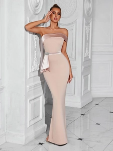 Slim fit off-shoulder evening gown in pink with rhinestone buckle and satin details