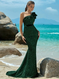 Elegant One Shoulder Sequin Mermaid Evening Gown Sleeveless Slim Fit Maxi Dress For Women Banquet Party Formal Occasion