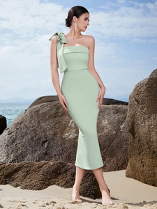 Women Elegant One Shoulder Bow Evening Dress Slim Fit Bodycon Midi Party Gown Sexy Asymmetrical Sleeveless Formal Event Dress