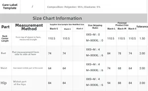 Size chart for black slim-fit party dress with bust, waist, and hip measurements