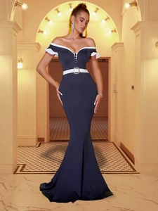 Women Elegant Navy Blue Off-Shoulder Fishtail Evening Dress With Ruffle Sleeves And Rhinestone Belt Formal Party Maxi Gown