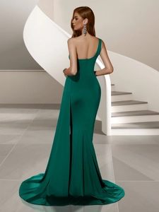 Elegant emerald green one shoulder satin evening gown with high slit and long train