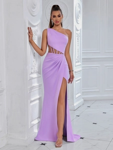Detail of lavender one-shoulder evening gown with geometric waist cutouts and side slit