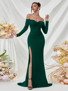Women Elegant Off-The-Shoulder Long Sleeve Evening Dress High Split Floor Length Sexy Backless Formal Party Banquet Gown