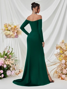 Elegant off-shoulder long sleeve dark green evening gown with a high slit floor-length design