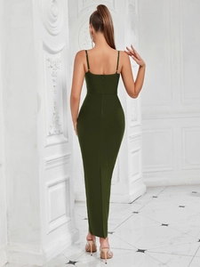 Deep green backless bandage maxi dress with spaghetti straps and rear zipper detail