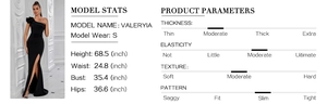 Detailed size chart and model statistics for a sexy black one-shoulder evening dress