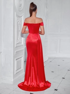 Elegant red off-shoulder satin evening gown with floor-length mermaid tail back view