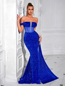 Detail of royal blue sequined evening dress with corset bodice and off-shoulder neckline