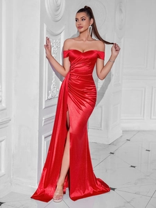 Elegant red off-shoulder satin evening gown with side slit and waist pleats