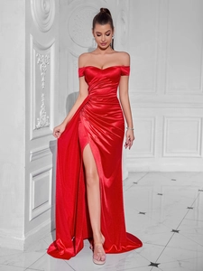 Elegant red off-shoulder satin evening gown with a high slit and pleated waist design