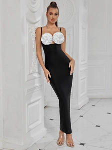 Elegant Women 3D Floral Bandage Evening Dress Sexy Spaghetti Strap Slim Fit Polyester Maxi Dress For Party Social Event