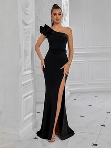 Elegant black one-shoulder evening gown with ruffled sleeve and high side slit long dress
