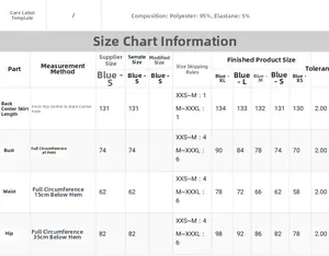 Size chart for backless slit dress showing measurements in XS to XL and fabric content
