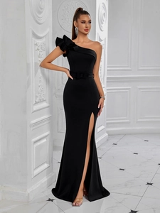 Elegant one shoulder black slim fit evening gown with ruffle detail and high slit