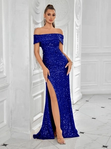 Elegant Off Shoulder Sequined Evening Dress For Women Slim Fit High Slit Long Formal Party Gown Floor Length Sequin Prom Dress
