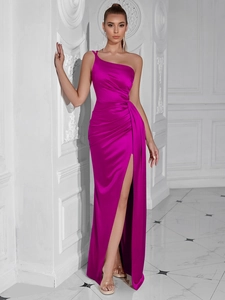 Detail of elegant magenta satin one-shoulder dress with side slit and pleated waist