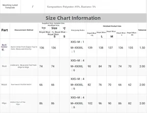 Size chart for royal blue evening dress with fabric details and measurements from XS to XL