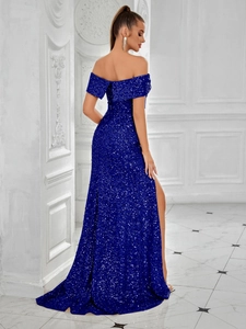 Elegant royal blue sequin evening gown with off-the-shoulder design and side high slit