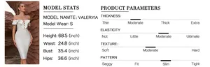 Size chart for white off-shoulder bandage dress with model measurements and fit details