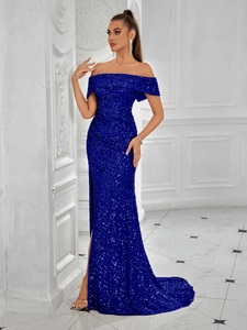 Elegant royal blue sequin evening dress with off-shoulder neckline and side slit