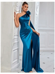 Elegant one-shoulder satin evening dress featuring a 3D floral accent and high slit detail