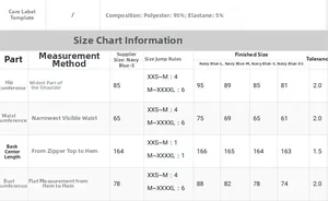 Size chart for navy blue elegant evening dress with polyester and elastane fabric measurements