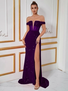 Elegant Sequined Evening Gown For Women Off-The-Shoulder High Slit Polyester Spandex Bodycon Maxi Dress For Party Prom Wedding