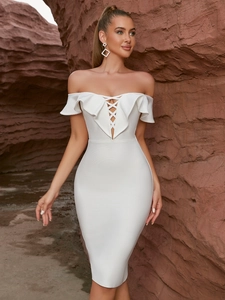 White Off-Shoulder Ruffle Lace-Up Bandage Dress Elegant Bodycon Midi Sexy Evening Party Clubwear Gown For Women
