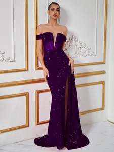 Elegant deep purple sequined evening gown with off-shoulder neckline and high slit