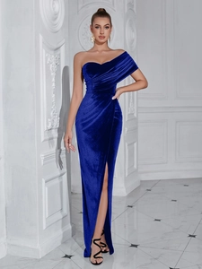 Elegant navy blue velvet one shoulder evening dress with pleated waist and high slit