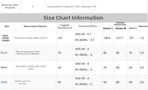 Size chart for green off-shoulder dress showing S-L measurements in polyester and elastane