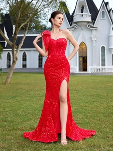 Elegant red sequin one-shoulder evening gown with bow detail and high slit mermaid cut