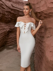 White off-shoulder bandage midi dress with ruffle trim and lace-up front detail